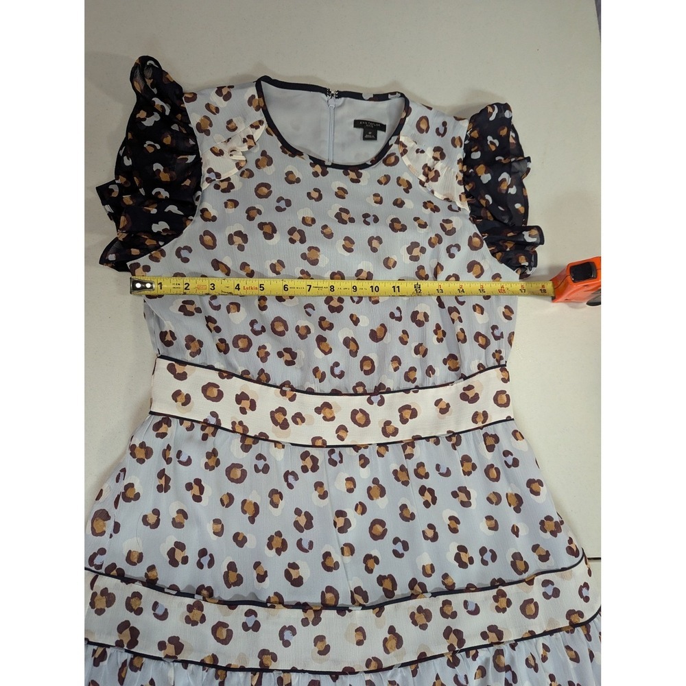 Ann Taylor 6P Blue Leopard Print Tiered Prairie Midi Dress Flutter Sleeve Lined - Picture 5 of 13